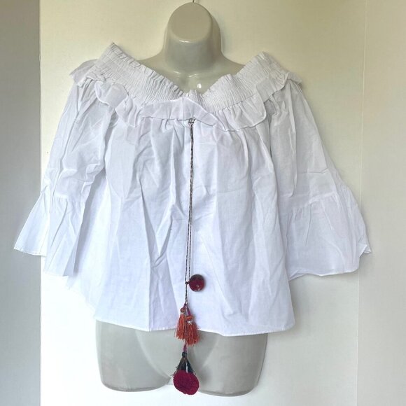 MISA Off Shoulder Crop Top Womens S White Cotton Boho Bell Sleeve Festival - Picture 2 of 8